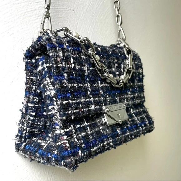 MICHAEL KORS Cece Tweed Small Shoulder Crossbody Satchel Bag Silver Chain Luxury - Picture 9 of 17
